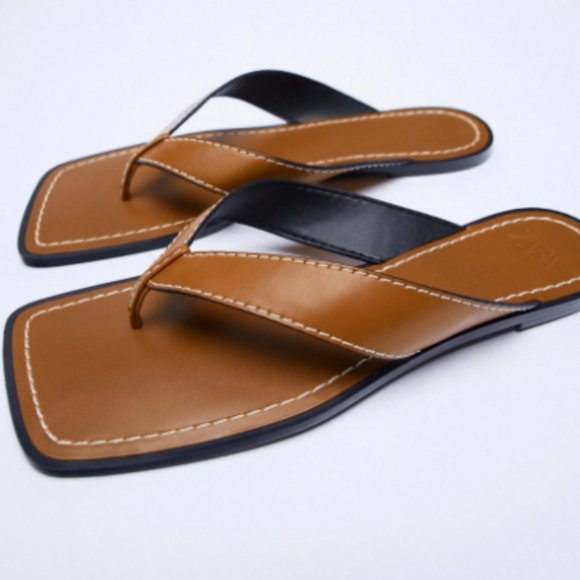 Zara Low Heel Square Toe Topstitched Sandals